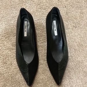 Yuul Yie green snakeskin and black velvet heels